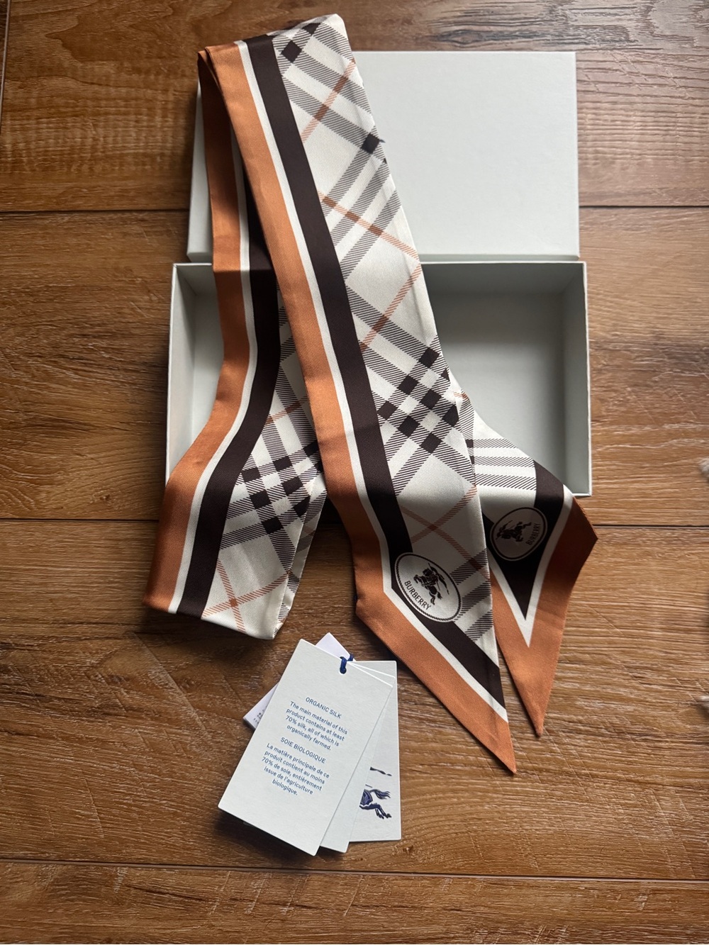 Burberry Pebble White Plaid Silk Scarf. Brand new, never worn, in box!